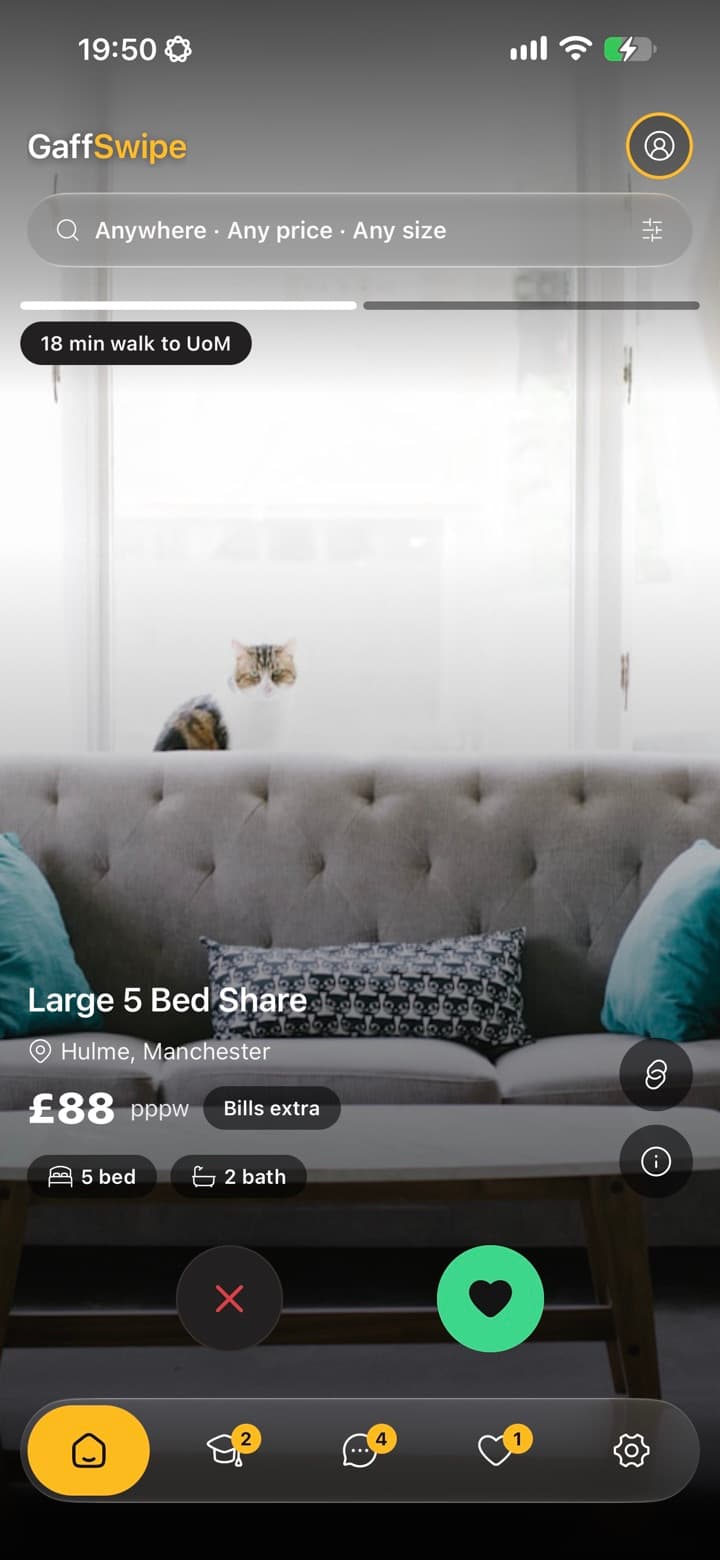 The GaffSwipe feed showing a 5-bed share in Hulme, Manchester, an 18-minute walk to the University of Manchester, at £88 per person per week with bills extra, with buttons to pass or save it.